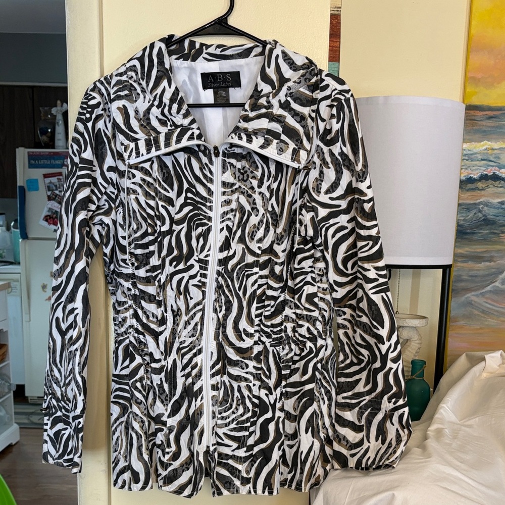 Zebra Print Women's Utility Jacket Full Zip‎ Toggle Cinch Waist Sz. Small